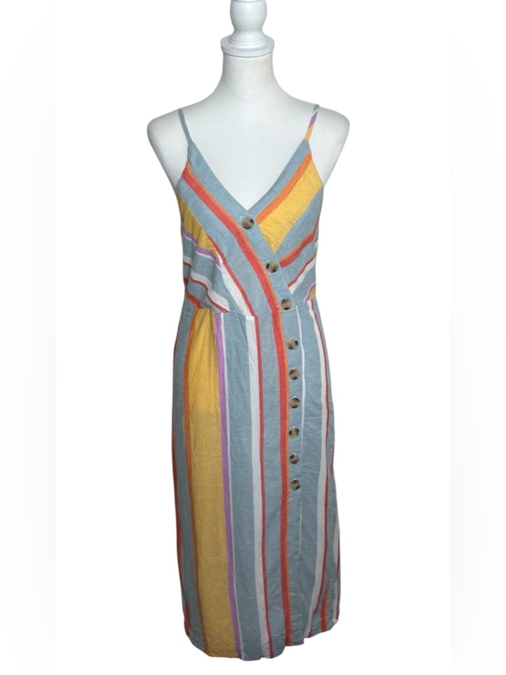 Sandy & Sid EUC Striped V-Neck Button-Front Sz M Midi Dress Linen Blend Coastal
